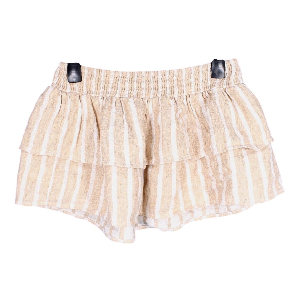TULAROSA Beige/White Stripe PULL-ON LINEN BLEND Tiered A-Line MINI SKIRT S